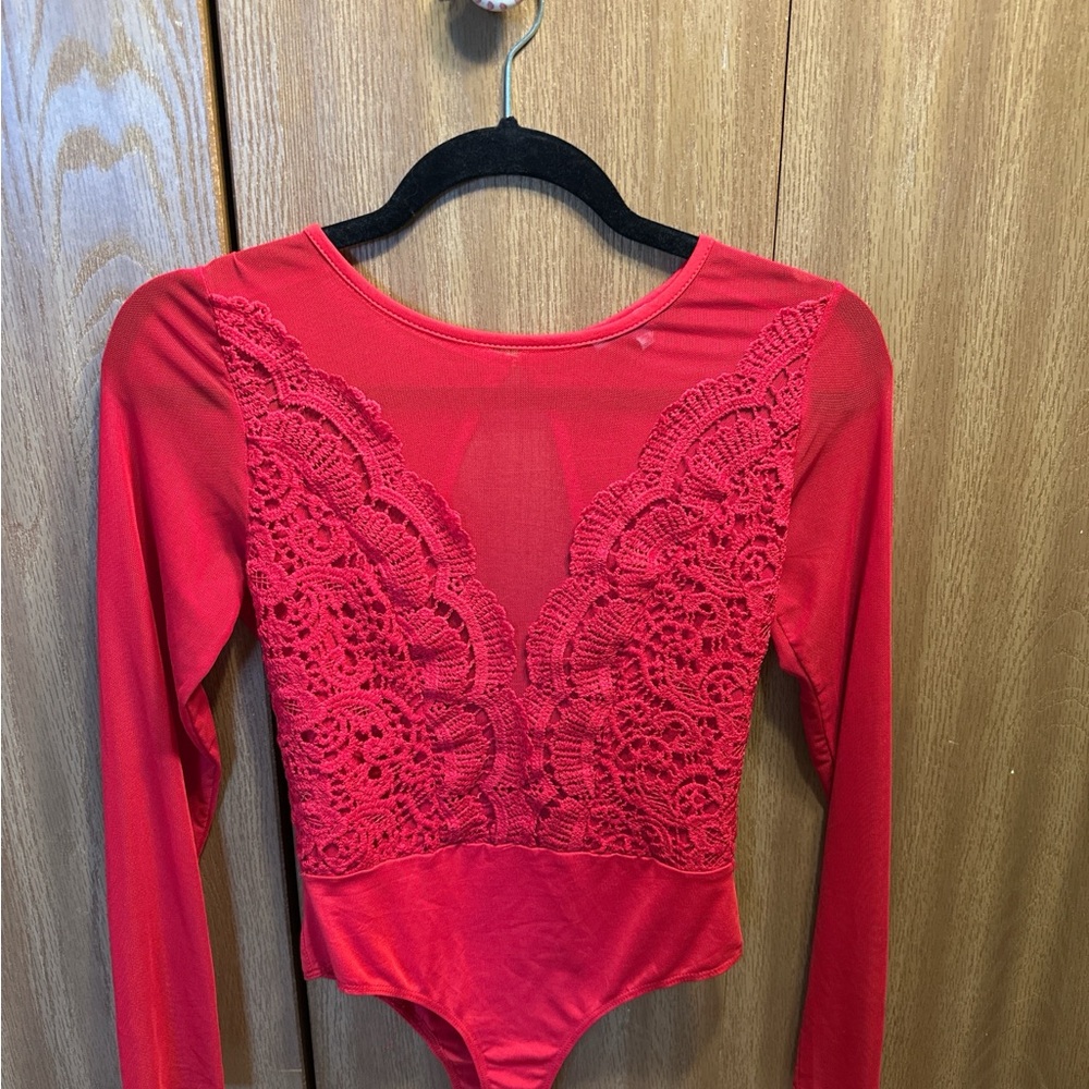 Red Lace Long Sleeve Bodysuit